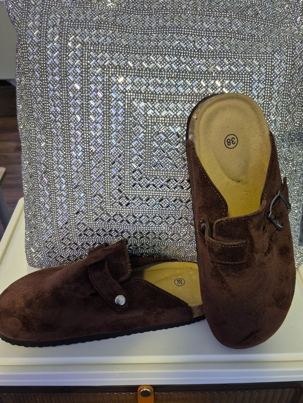 Womens Brown Suede Slip-On Clog with Buckle